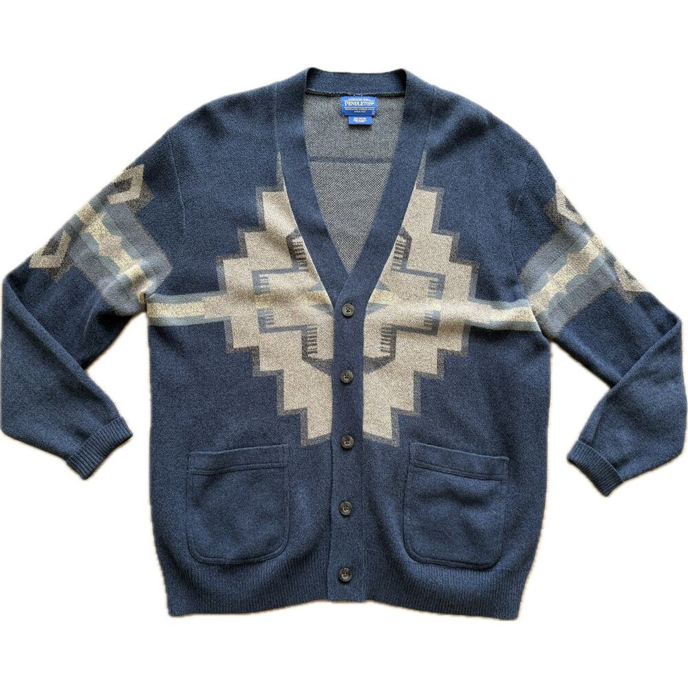 Pendleton Men's Cardigan Sweater 100% Cotton L Blue Southwest Aztec Soft Knit